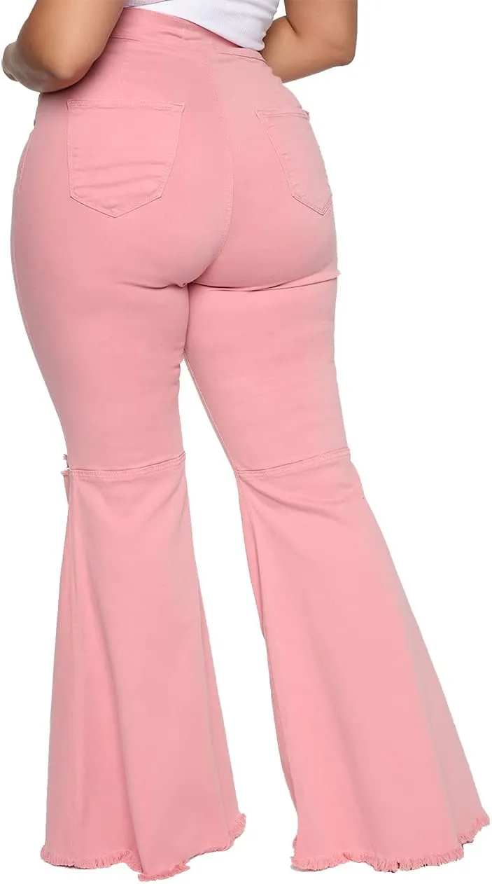 BessCops Plus Size Bell Bottom Jeans for Women Elastic High Waisted Classic Flared Denim Pants