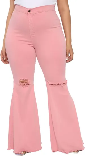 BessCops Plus Size Bell Bottom Jeans for Women Elastic High Waisted Classic Flared Denim Pants