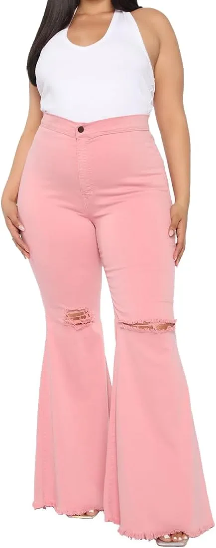BessCops Plus Size Bell Bottom Jeans for Women Elastic High Waisted Classic Flared Denim Pants