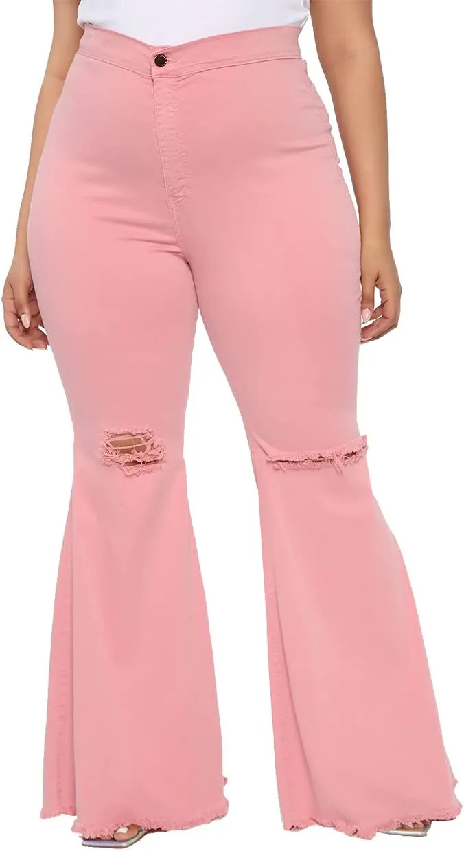 BessCops Plus Size Bell Bottom Jeans for Women Elastic High Waisted Classic Flared Denim Pants