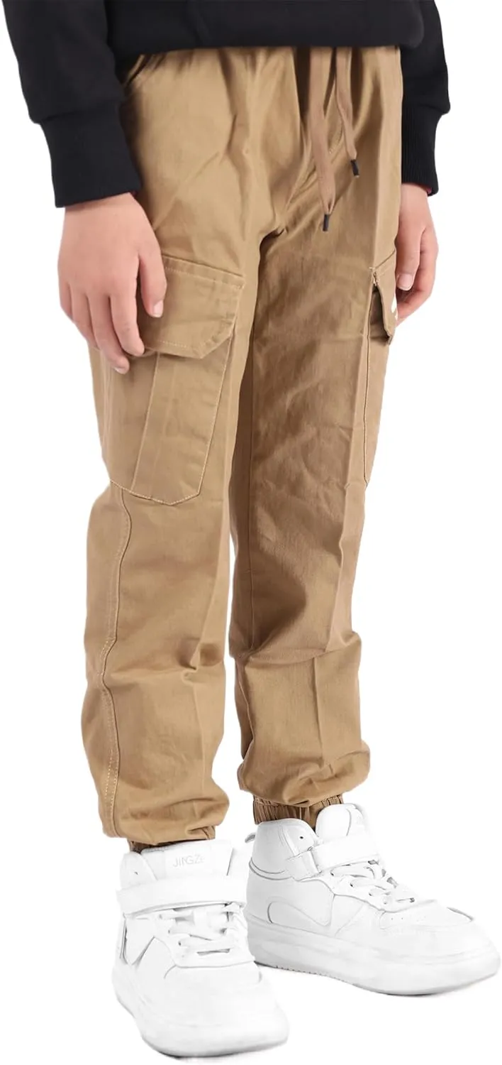 Boys Cargo Pants Drawstring Pull on Trousers for Kids Children School Elastic Cuffed Joggers 6-14 Years