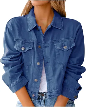 BTDECLAR Womens Denim Jacket Petite Crop Top Casual Button Up Long Sleeve Slim Fit Jean Jackets Trucker Denim Cardigan Coat