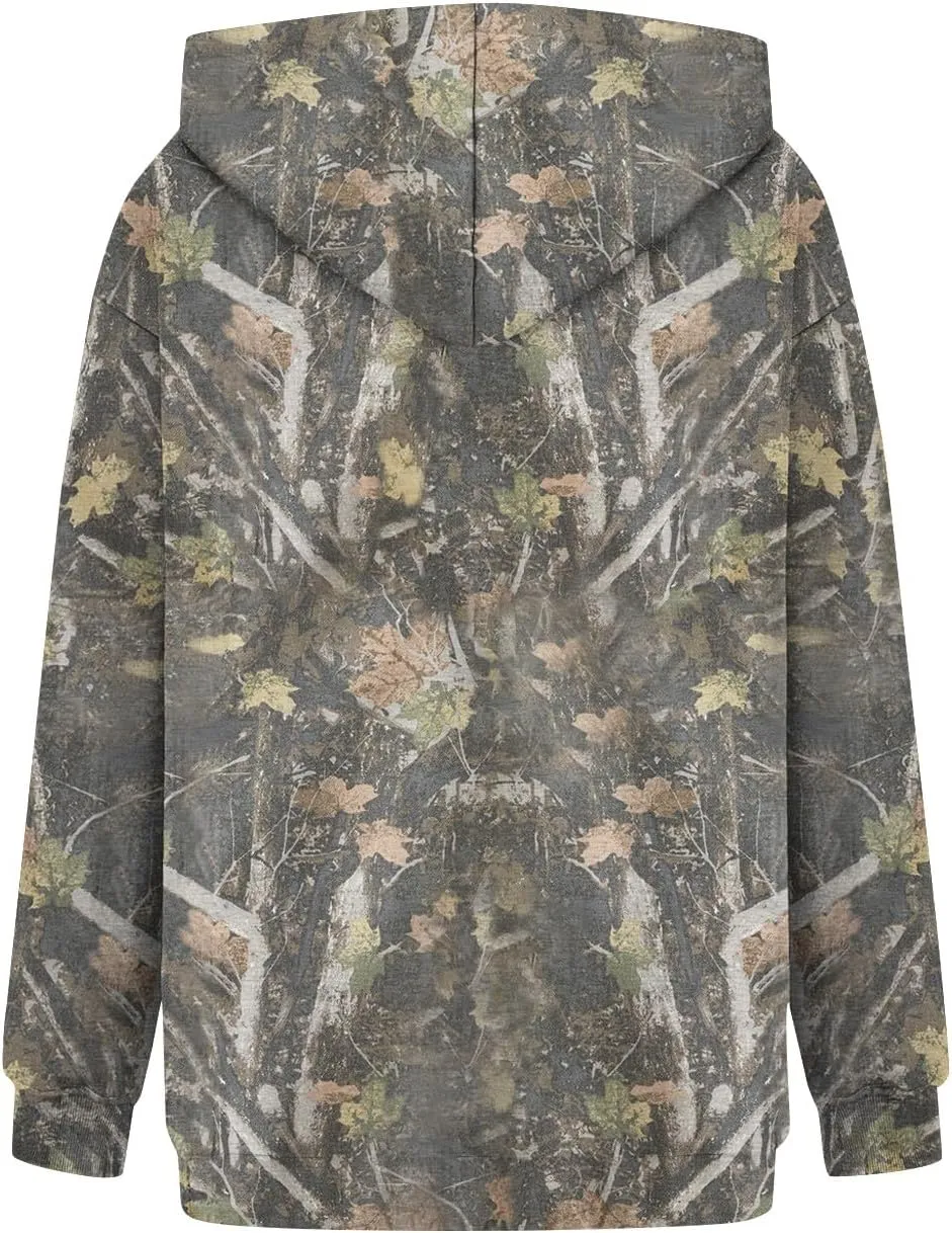 Camo Hoodie Womens Maple Leaf Print Sweatshirts Casual Long Sleeve Camo Sweatshirt with Pockets Y2k Hoodies