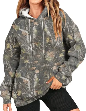Camo Hoodie Womens Maple Leaf Print Sweatshirts Casual Long Sleeve Camo Sweatshirt with Pockets Y2k Hoodies
