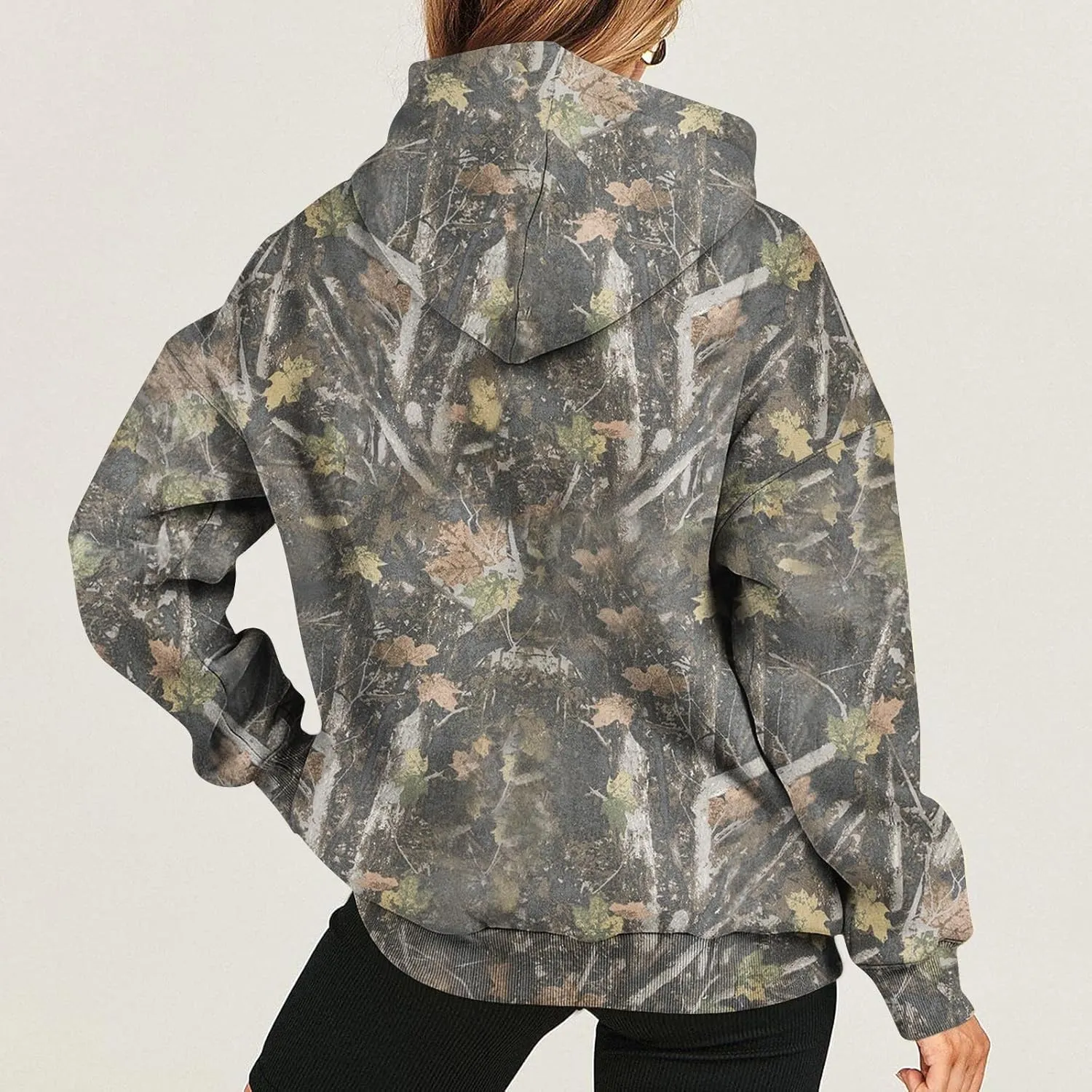 Camo Hoodie Womens Maple Leaf Print Sweatshirts Casual Long Sleeve Camo Sweatshirt with Pockets Y2k Hoodies