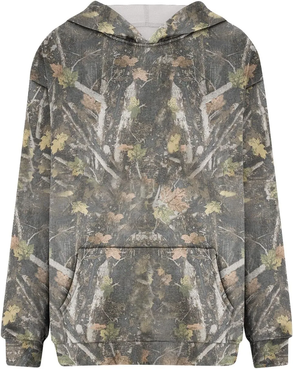 Camo Hoodie Womens Maple Leaf Print Sweatshirts Casual Long Sleeve Camo Sweatshirt with Pockets Y2k Hoodies