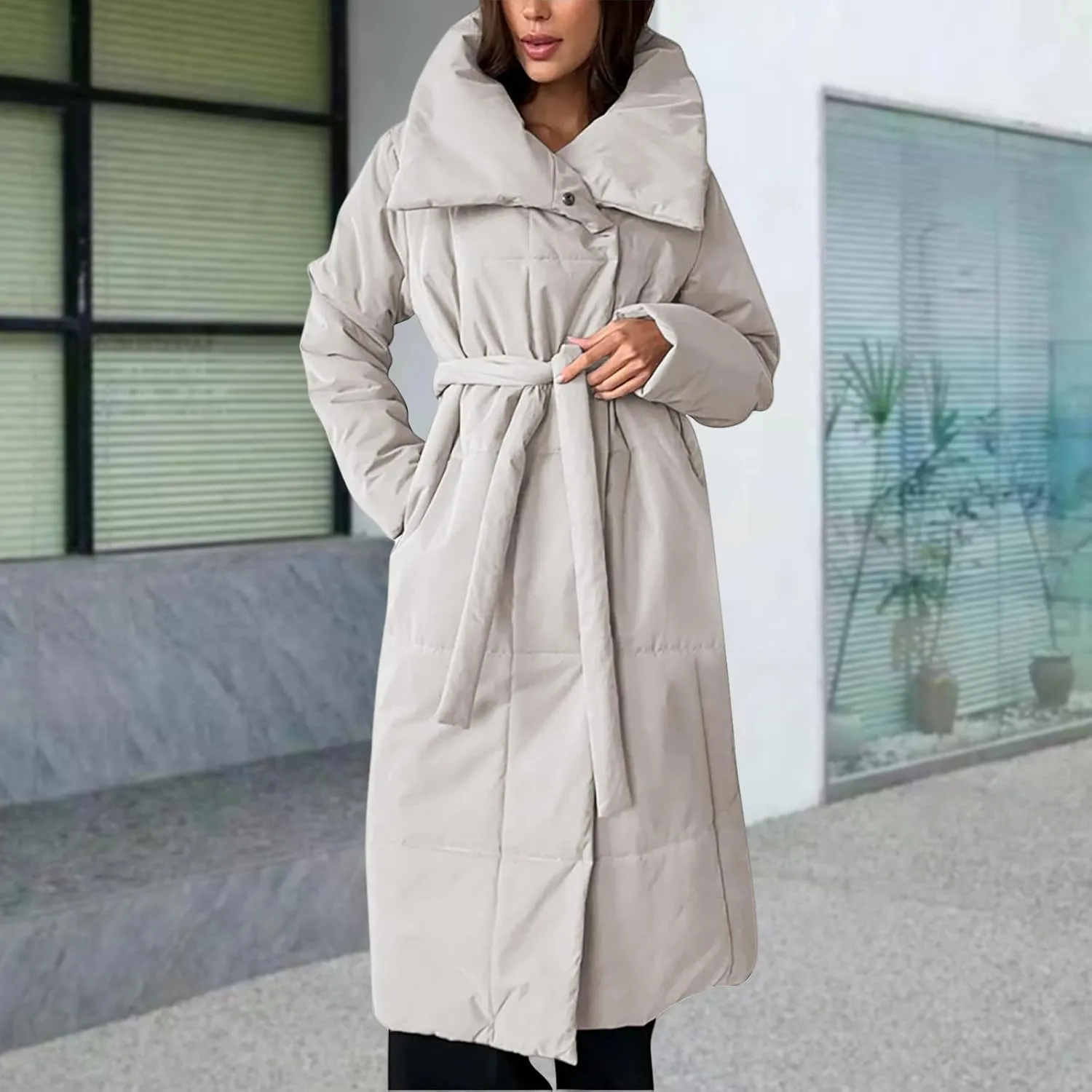 Canbebig Long Puffer Coat Women Button Down Puffer Jacket Long Sleeve Padded Jackets Stand Collar Down Coat Winter Parkas