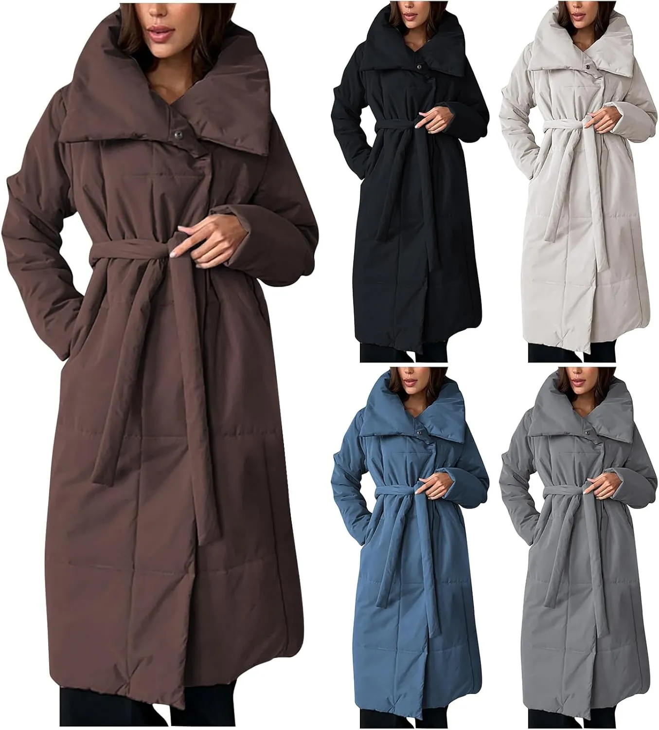 Canbebig Long Puffer Coat Women Button Down Puffer Jacket Long Sleeve Padded Jackets Stand Collar Down Coat Winter Parkas
