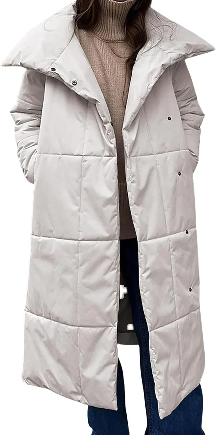 Canbebig Long Puffer Coat Women Button Down Puffer Jacket Long Sleeve Padded Jackets Stand Collar Down Coat Winter Parkas