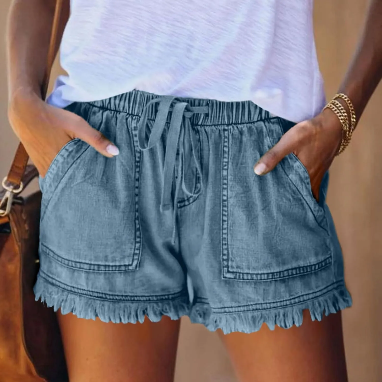 Casual Jeans Shorts for Women Baggy High Waisted Drawstring Raw Hem Jean Short Stretchy Lightweight Summer Shorts