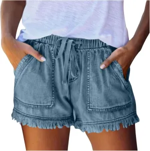Casual Jeans Shorts for Women Baggy High Waisted Drawstring Raw Hem Jean Short Stretchy Lightweight Summer Shorts