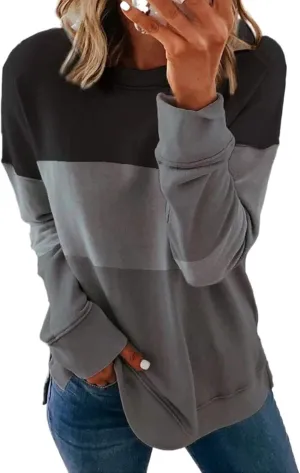 Crew Neck Sweatshirts Women Casual Loose Soft Long Sleeve Pullover Color Block Side Split Tops Lightweight Fall Outfit