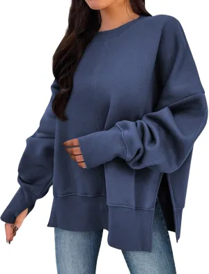 Crewneck Sweatshirt for Women Trendy Side Split Oversized Sweatshirt Thumb Hole Long Sleeve Pullover Tops