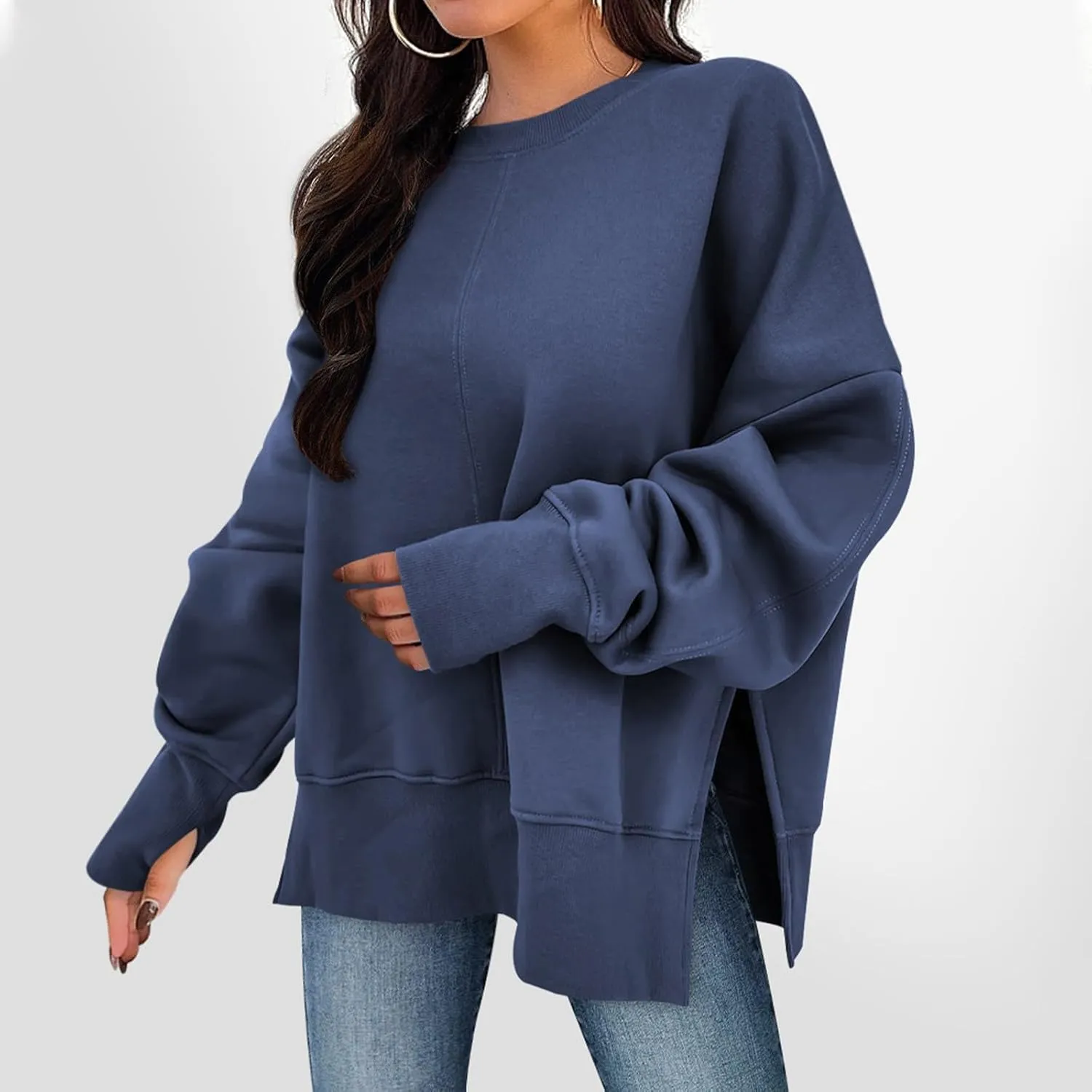 Crewneck Sweatshirt for Women Trendy Side Split Oversized Sweatshirt Thumb Hole Long Sleeve Pullover Tops