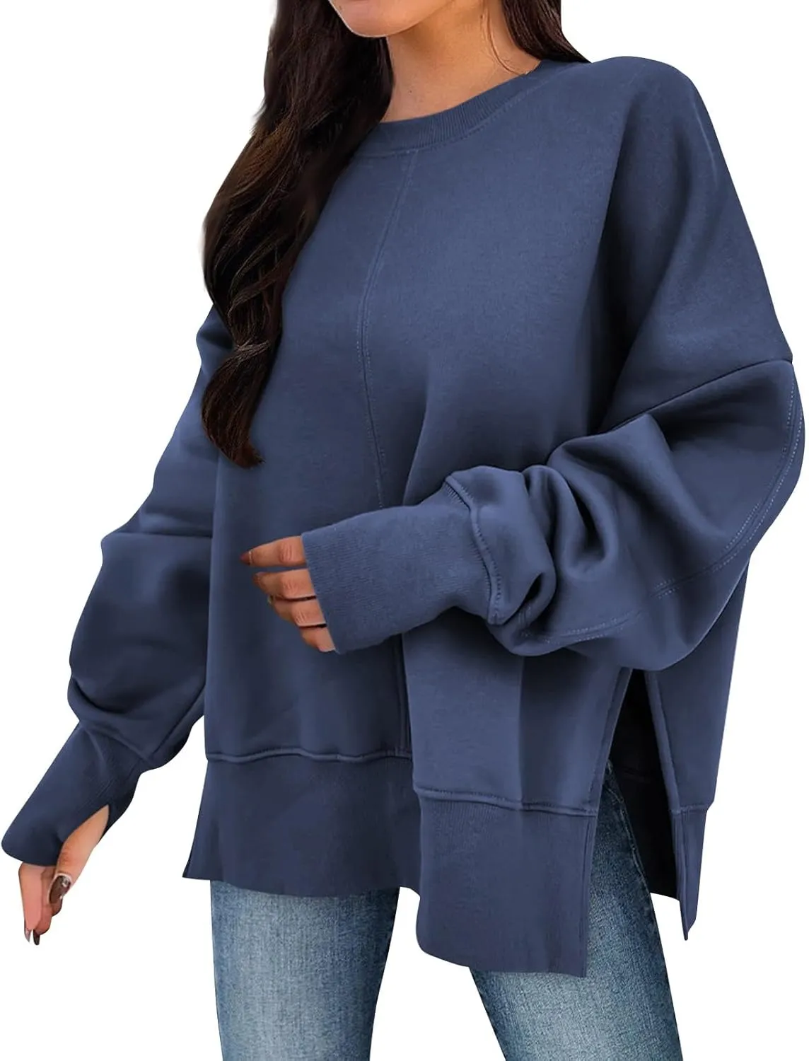 Crewneck Sweatshirt for Women Trendy Side Split Oversized Sweatshirt Thumb Hole Long Sleeve Pullover Tops