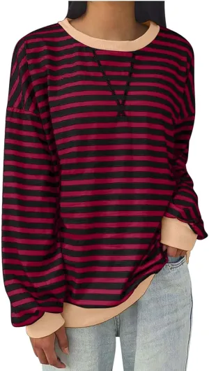 Crewneck Sweatshirts Women Fall Fashion Plus Size Color Block Loose Tops Long Sleeve Striped Print Casual Blouses