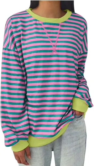 Crewneck Sweatshirts Women Fall Fashion Plus Size Color Block Loose Tops Long Sleeve Striped Print Casual Blouses