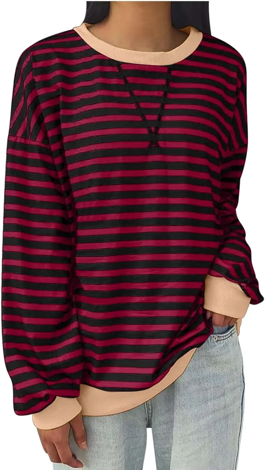 Crewneck Sweatshirts Women Fall Fashion Plus Size Color Block Loose Tops Long Sleeve Striped Print Casual Blouses