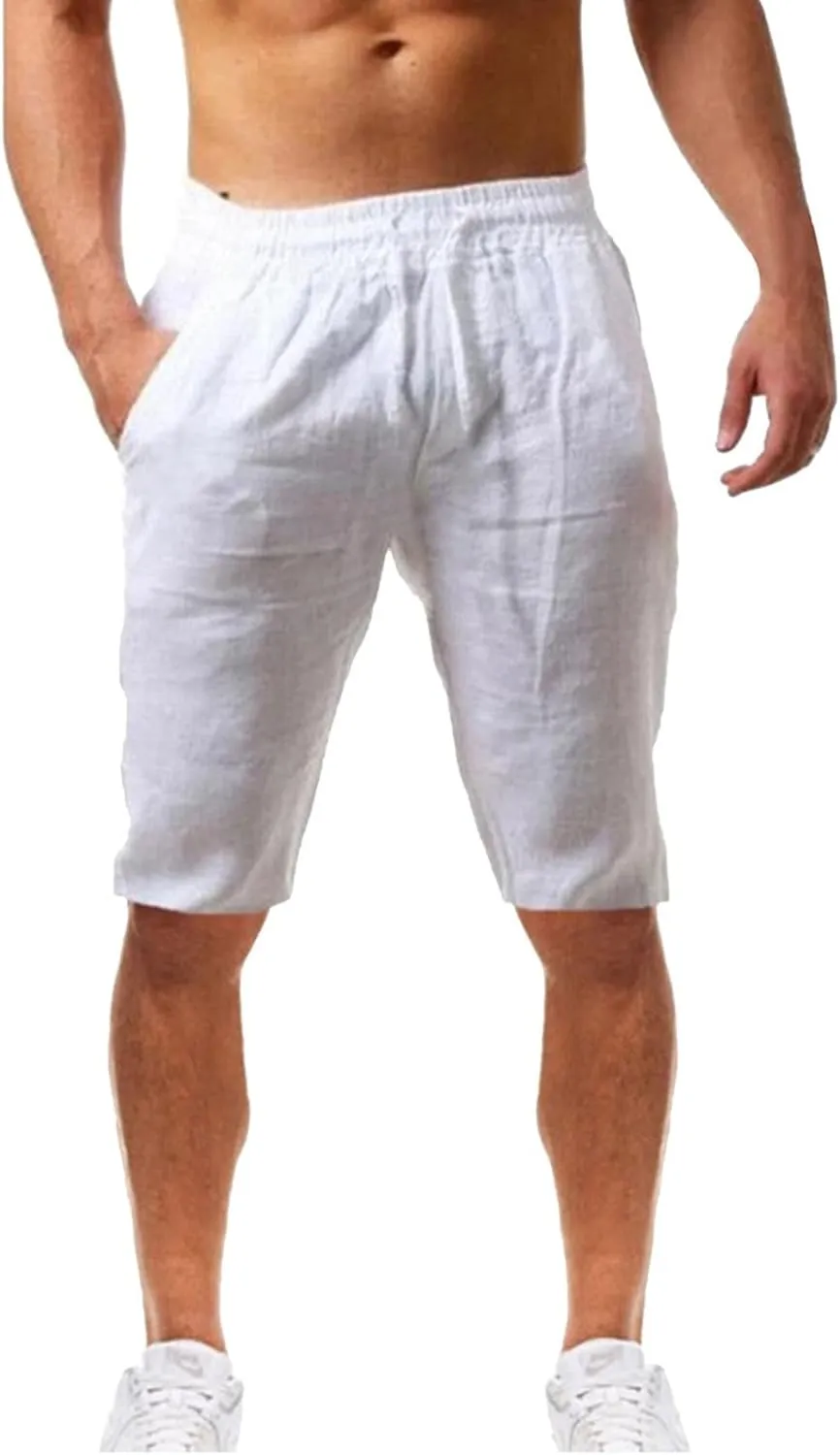 CRNTCEM Mens Casual Drawstring Linen Shorts Classic Fit Summer Beach Vacation 11 Inch Inseam Elastic Waist Shorts with Pocket