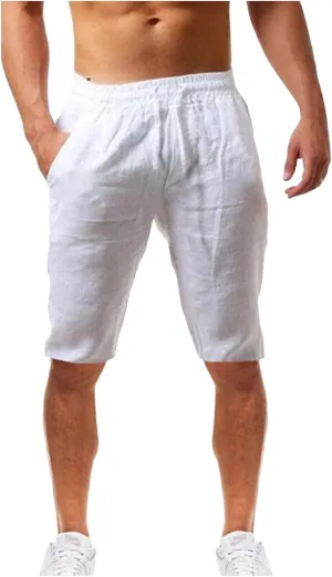 CRNTCEM Mens Casual Drawstring Linen Shorts Classic Fit Summer Beach Vacation 11 Inch Inseam Elastic Waist Shorts with Pocket
