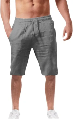 CRNTCEM Mens Casual Drawstring Linen Shorts Classic Fit Summer Beach Vacation 11 Inch Inseam Elastic Waist Shorts with Pocket