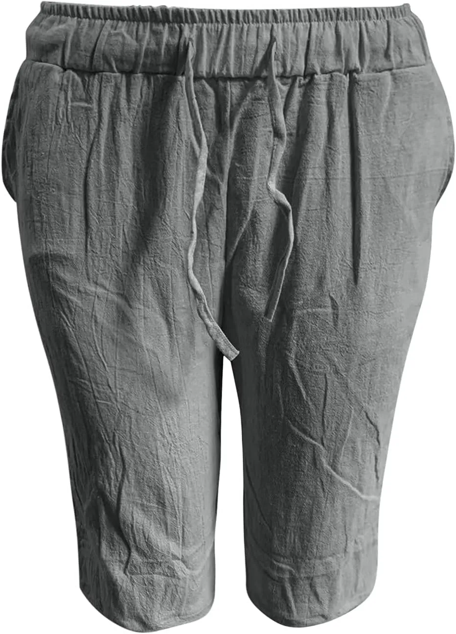 CRNTCEM Mens Casual Drawstring Linen Shorts Classic Fit Summer Beach Vacation 11 Inch Inseam Elastic Waist Shorts with Pocket