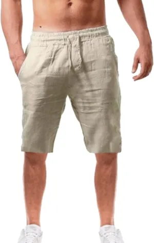 CRNTCEM Mens Casual Drawstring Linen Shorts Classic Fit Summer Beach Vacation 11 Inch Inseam Elastic Waist Shorts with Pocket