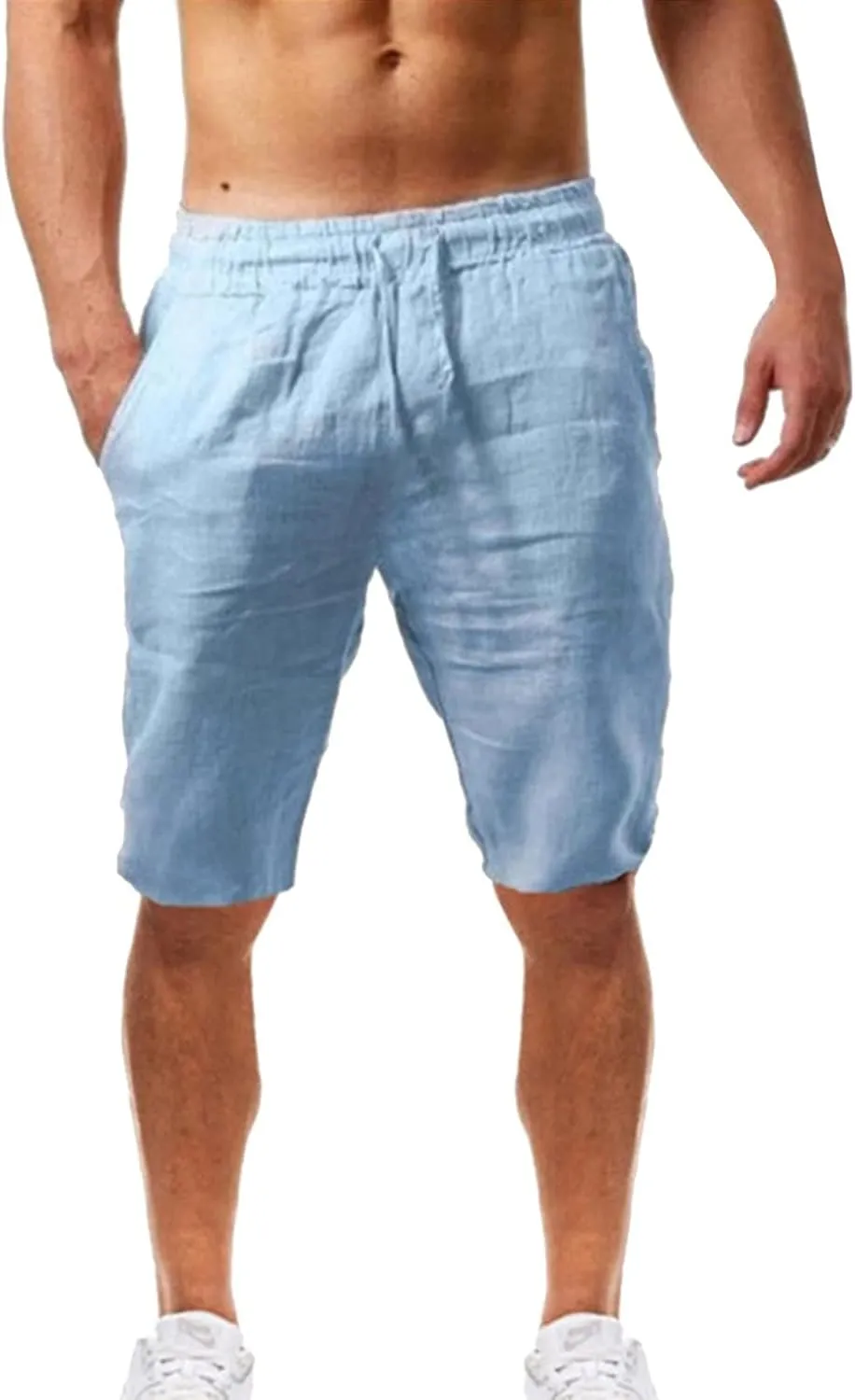CRNTCEM Mens Casual Drawstring Linen Shorts Classic Fit Summer Beach Vacation 11 Inch Inseam Elastic Waist Shorts with Pocket
