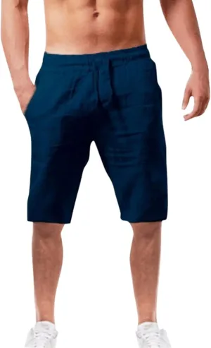 CRNTCEM Mens Casual Drawstring Linen Shorts Classic Fit Summer Beach Vacation 11 Inch Inseam Elastic Waist Shorts with Pocket