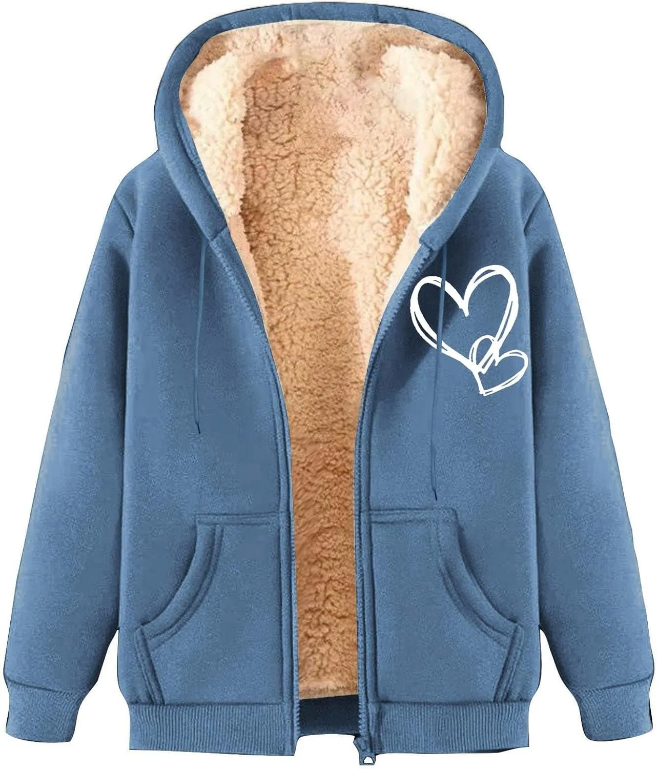 CRNTCEM Women's Sherpa-Lined Fleece Full-Zip Hooded Jacket Valentine's Days Winter Thick Thermal Coats Trendy Casual Outwear