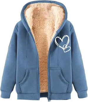 CRNTCEM Women's Sherpa-Lined Fleece Full-Zip Hooded Jacket Valentine's Days Winter Thick Thermal Coats Trendy Casual Outwear