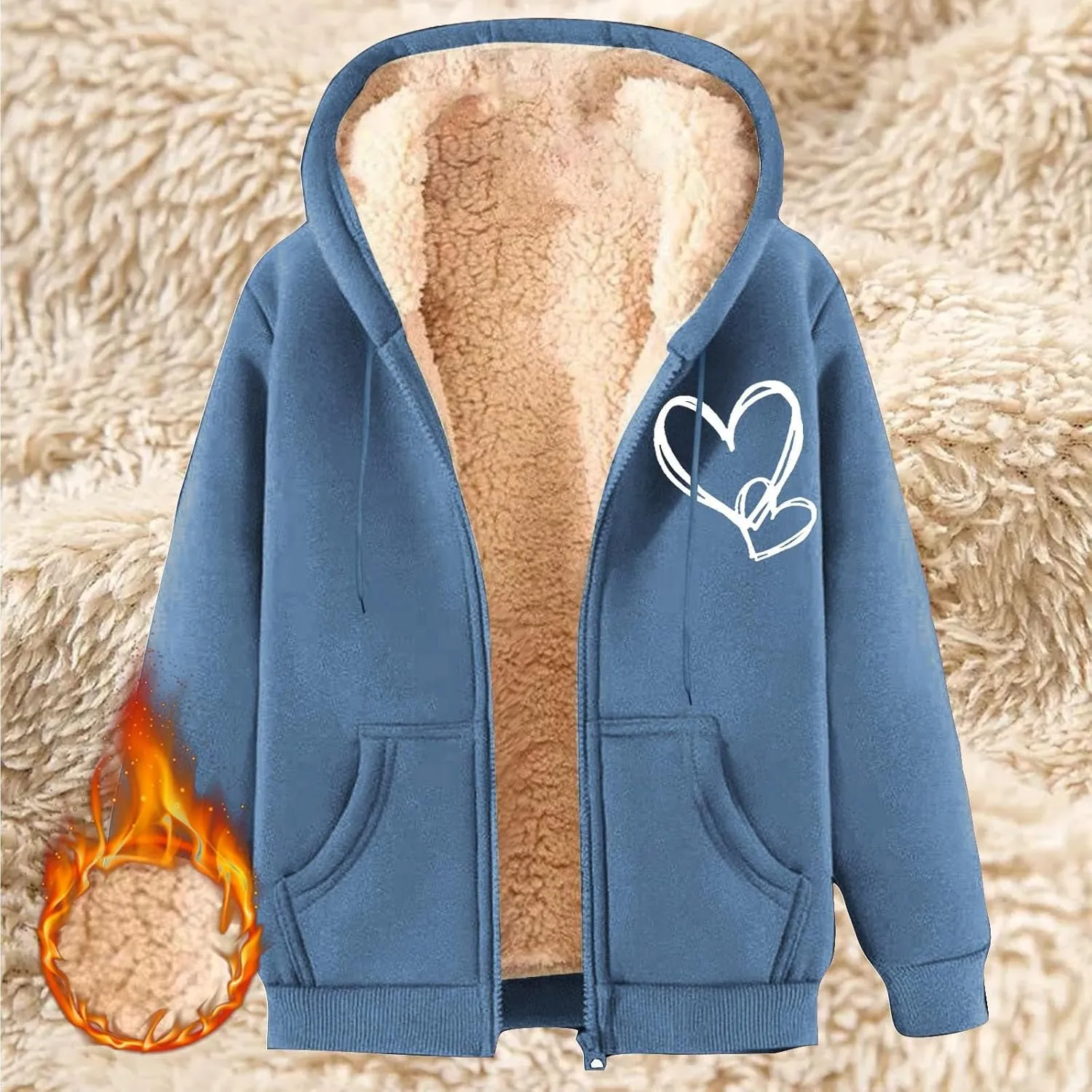 CRNTCEM Women's Sherpa-Lined Fleece Full-Zip Hooded Jacket Valentine's Days Winter Thick Thermal Coats Trendy Casual Outwear
