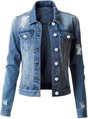 Cropped Denim Jacket for Women Distressed Ripped Long Sleeve Jean Jacket Button Down Trucker Coats Trendy with Pockets