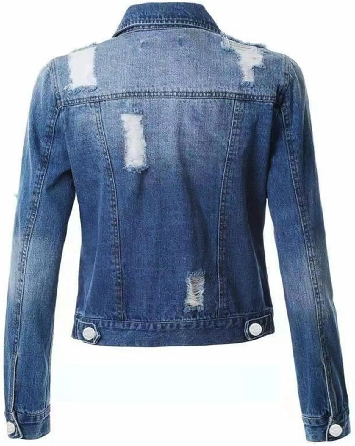 Cropped Denim Jacket for Women Distressed Ripped Long Sleeve Jean Jacket Button Down Trucker Coats Trendy with Pockets
