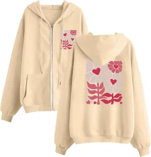 Cute Floral Print Zip Up Hoodies for Women Winter Lightweight Oversized Jackets Long Sleeve Fleece Hooded Sweatshirt
