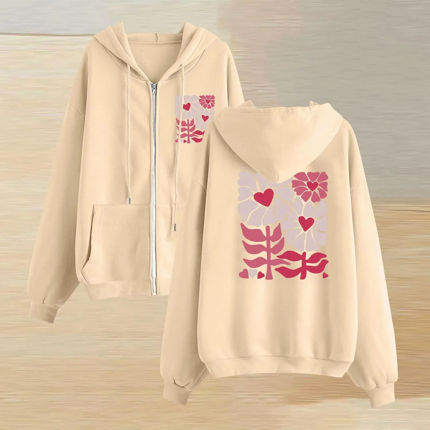 Cute Floral Print Zip Up Hoodies for Women Winter Lightweight Oversized Jackets Long Sleeve Fleece Hooded Sweatshirt