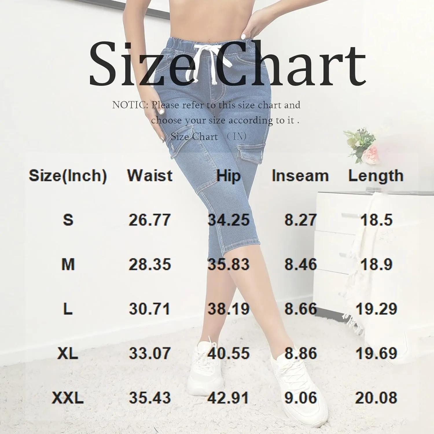 Denim Capris for Women Stretchy Drawstring High Waisted Skinny Cargo Pull On Pedal Pushers Jeggings with Pockets