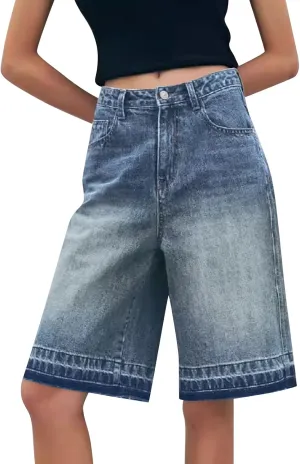 Denim Shorts Women 7 Inch Inseam - Bermuda Mid-Rise Butt Lift Summer Long Denim 5 Inch Inseam with Multi Pockets