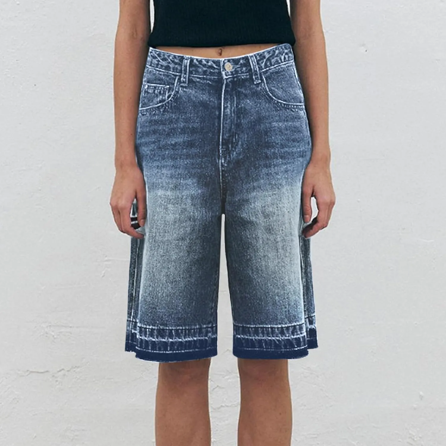 Denim Shorts Women 7 Inch Inseam - Bermuda Mid-Rise Butt Lift Summer Long Denim 5 Inch Inseam with Multi Pockets