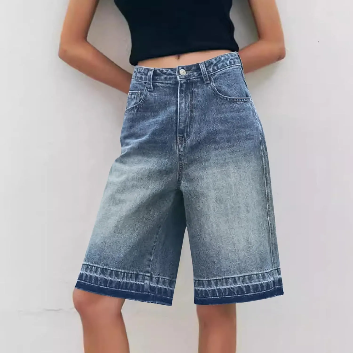 Denim Shorts Women 7 Inch Inseam - Bermuda Mid-Rise Butt Lift Summer Long Denim 5 Inch Inseam with Multi Pockets