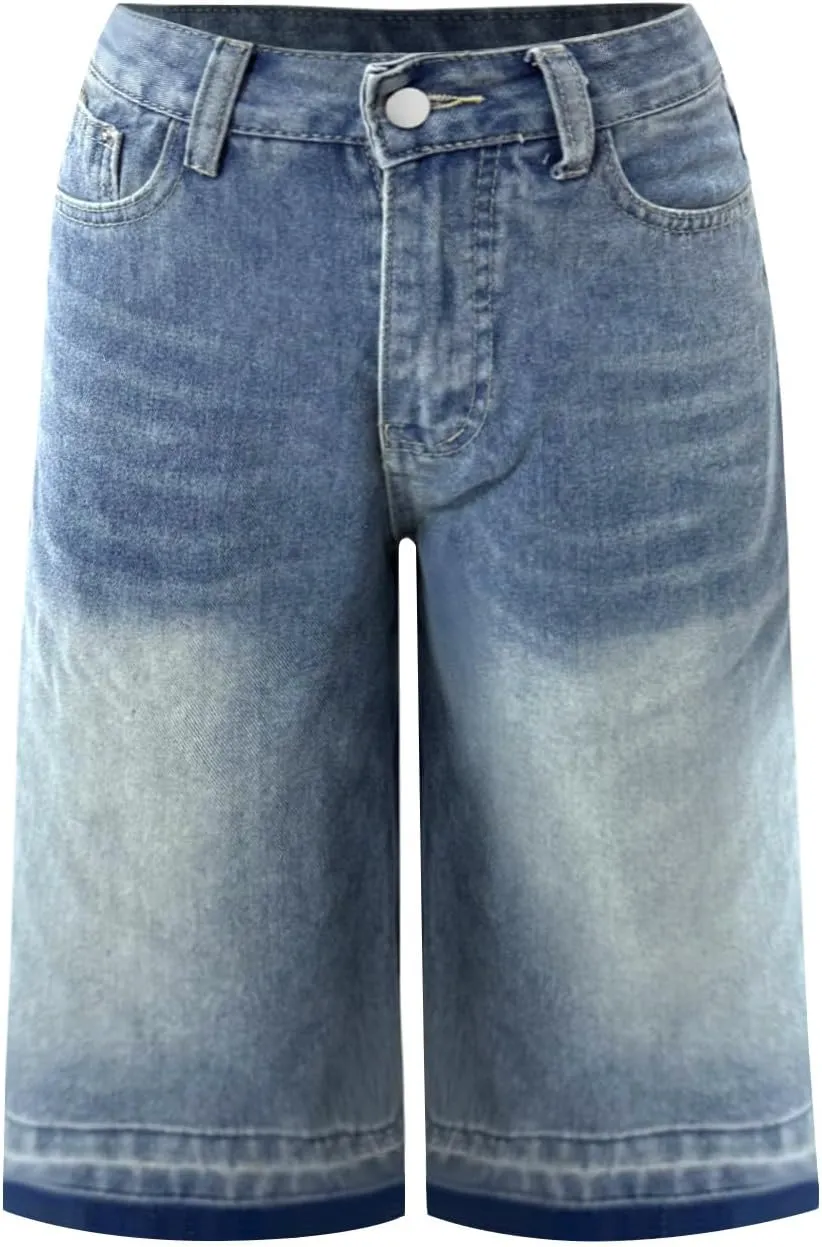Denim Shorts Women 7 Inch Inseam - Bermuda Mid-Rise Butt Lift Summer Long Denim 5 Inch Inseam with Multi Pockets