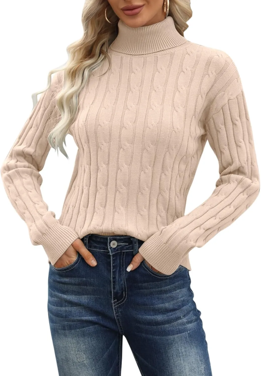 Esobo Women's Classic-fit Lightweight Cable Long Sleeve Mockneck Loose Casual Sweater Jumpers