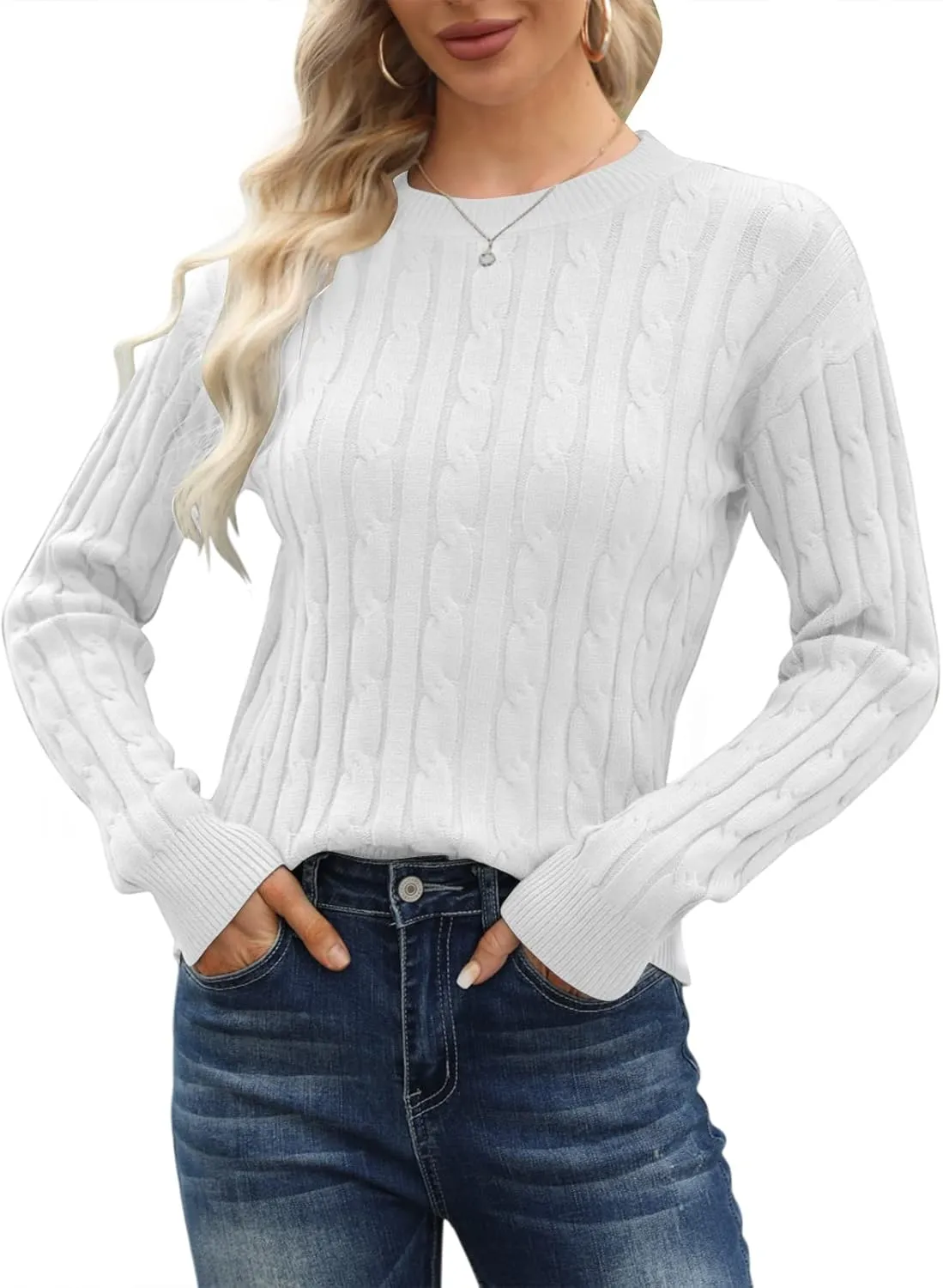 Esobo Women's Classic-fit Lightweight Cable Long Sleeve Mockneck Loose Casual Sweater Jumpers