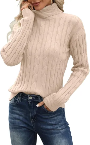 Esobo Women's Classic-fit Lightweight Cable Long Sleeve Mockneck Loose Casual Sweater Jumpers