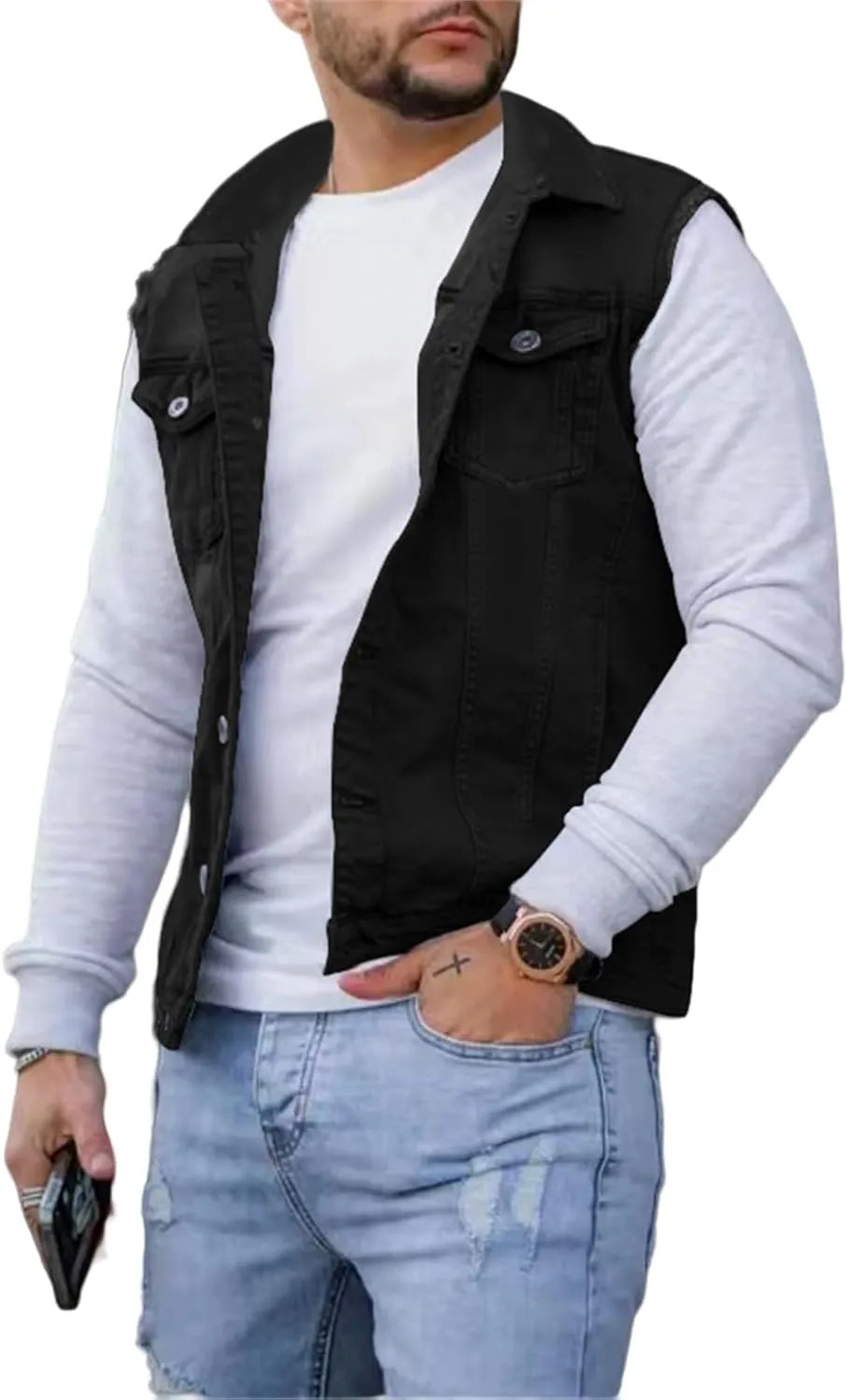 evzosrz Mens Denim Vest Sleeveless Slim Fit Button Down Distressed Trucker Jean Jacket Lapel Casual Fall Winter Vest Jacket