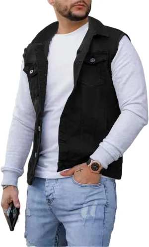 evzosrz Mens Denim Vest Sleeveless Slim Fit Button Down Distressed Trucker Jean Jacket Lapel Casual Fall Winter Vest Jacket