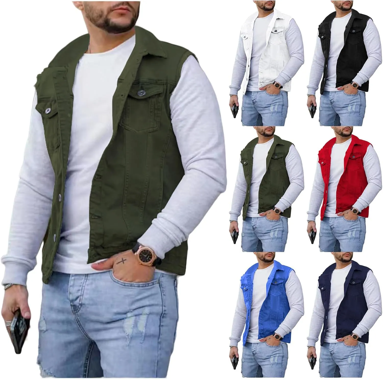 evzosrz Mens Denim Vest Sleeveless Slim Fit Button Down Distressed Trucker Jean Jacket Lapel Casual Fall Winter Vest Jacket