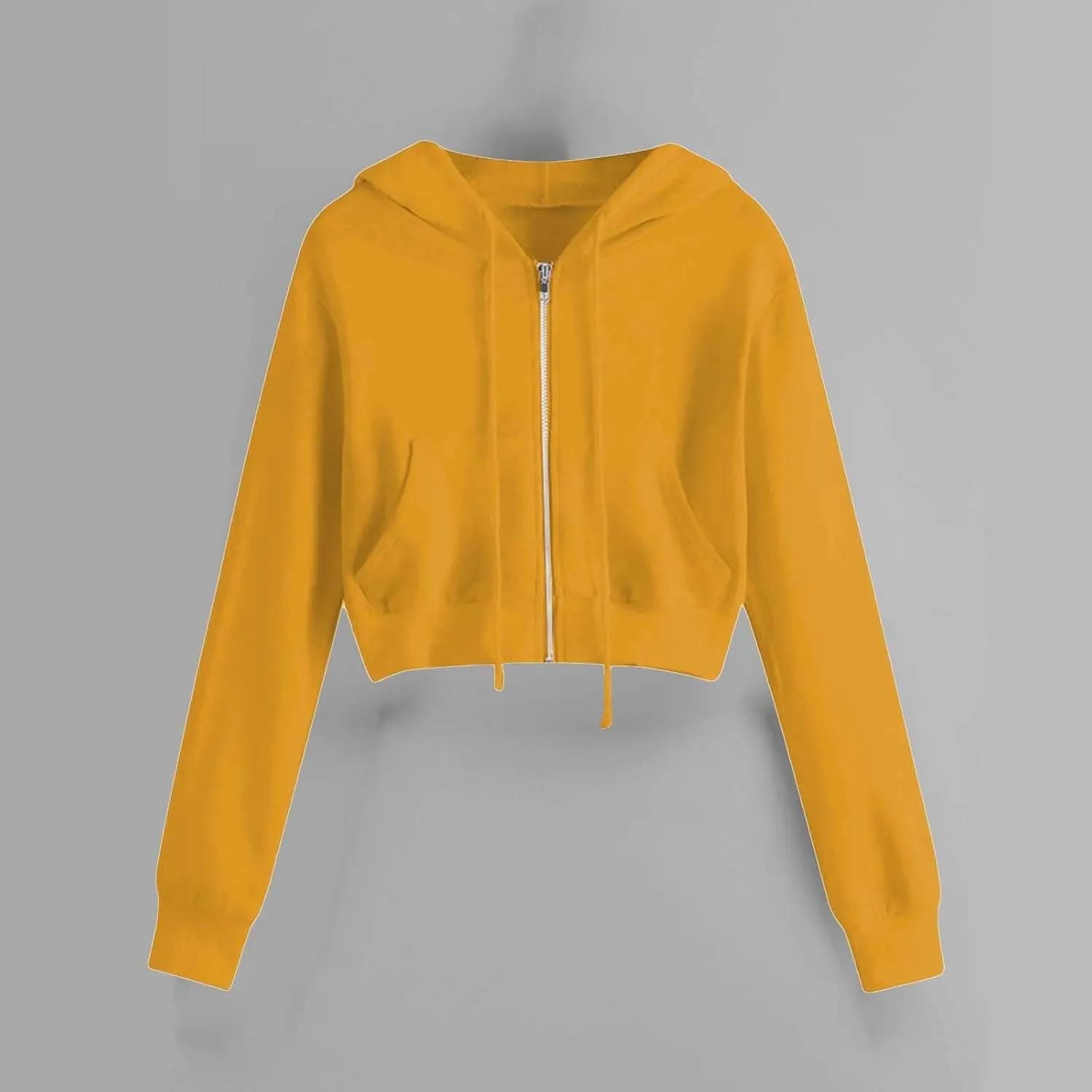 Fashion Crop Hoodie for Women Solid Color Full Zip Up Drawstring Hooded Long Sleeve Jackets Autumn Sports Sweatshirts