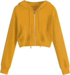 Fashion Crop Hoodie for Women Solid Color Full Zip Up Drawstring Hooded Long Sleeve Jackets Autumn Sports Sweatshirts