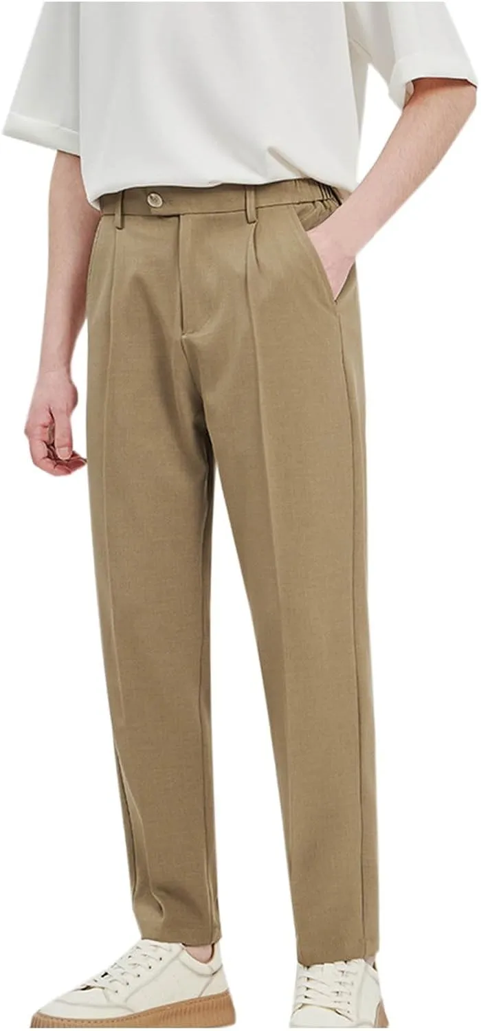 Finelylove Dress Pants for Men Slim Fit Wrinkle-Resistant Pleated Front Chino Pants Stretchy Casual Tapered Trousers